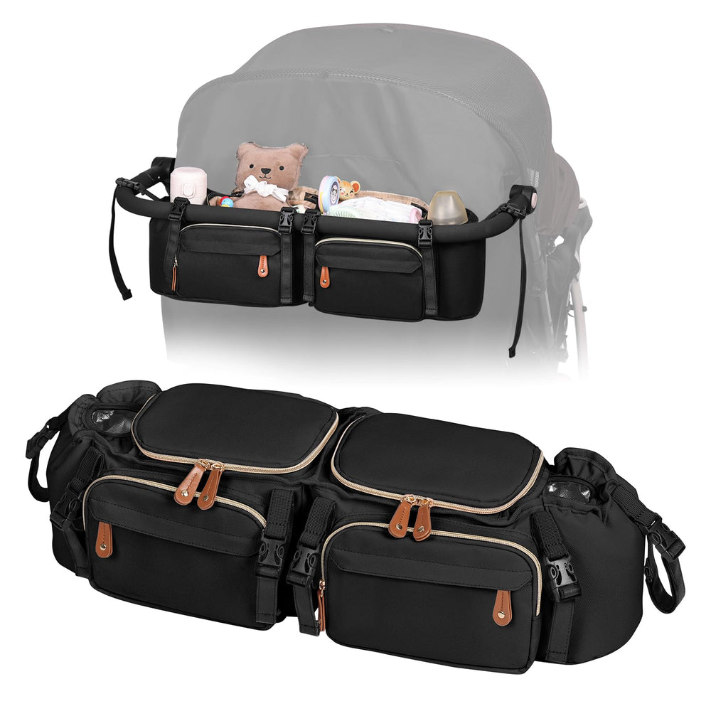 Boomistry double stroller organizer on Bob Duallie offers secure, quick-access storage.