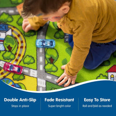 Booooom Jackson rug train scene shows a safe non-slip backing for active kids.