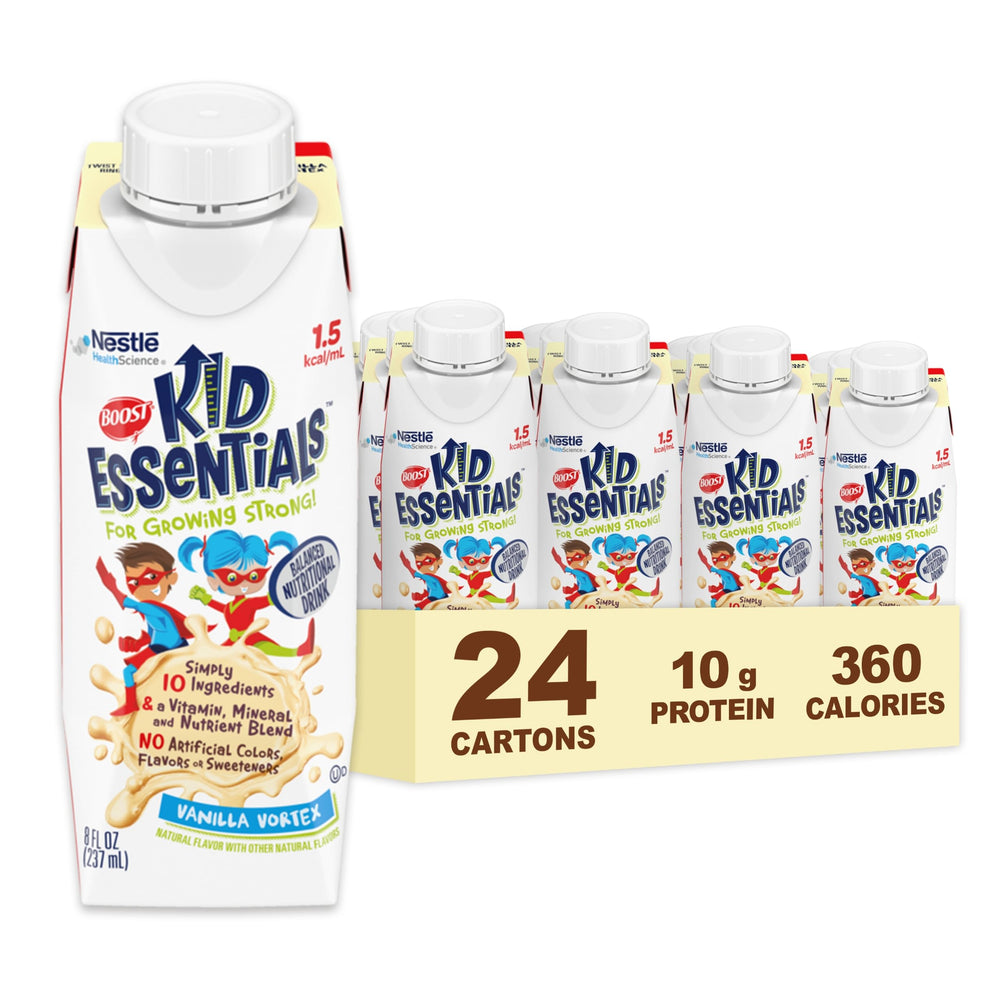 BOOST Kid Essentials Vanilla Vortex bottle front shows nutrition for kids