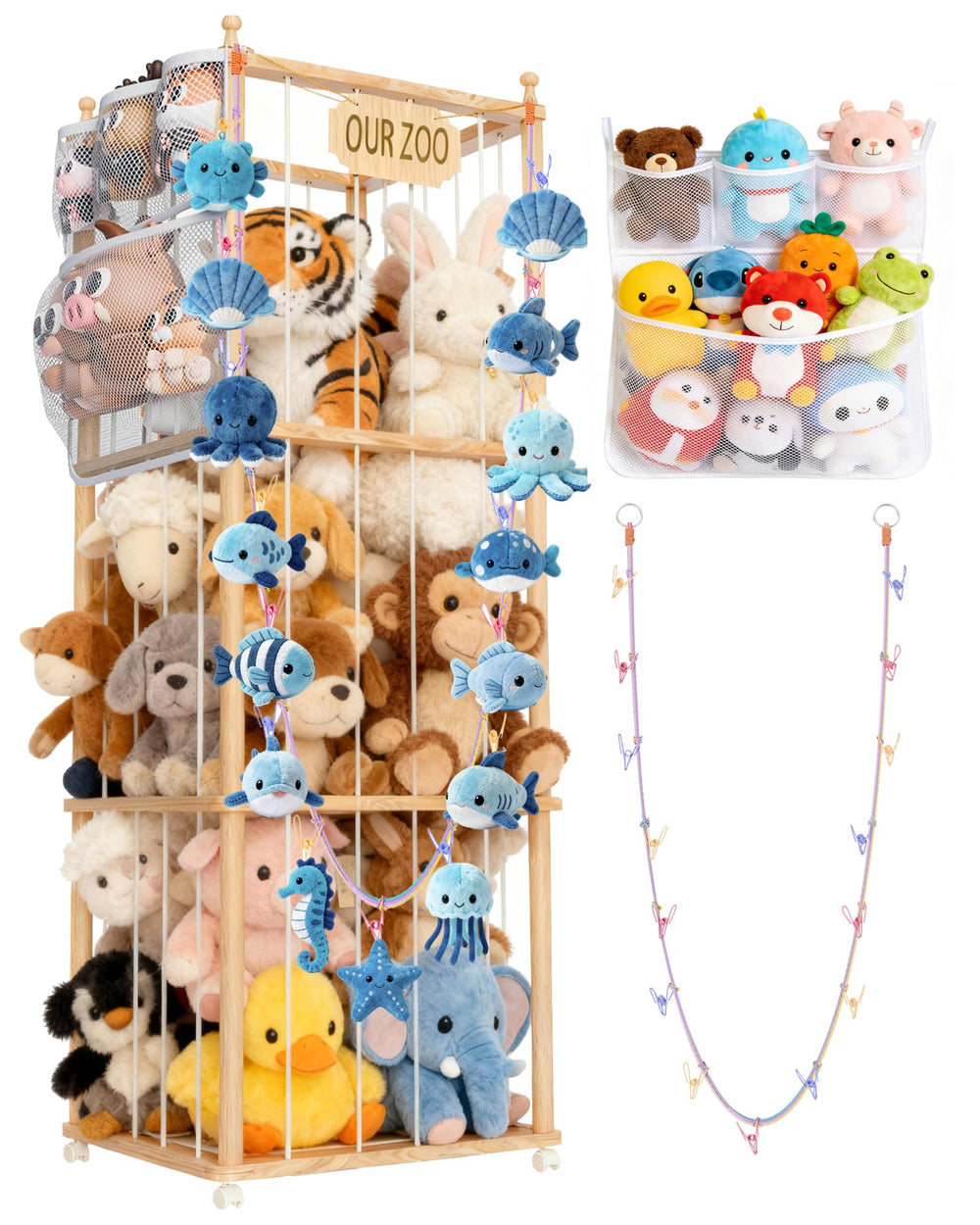 Boostool stuffed animal storage stand showing organized plush toys within easy reach