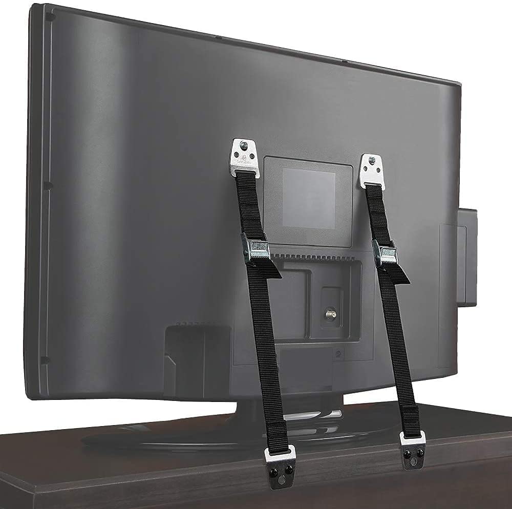 BOOTWO TV back strap securing a flat screen to prevent tipping.
