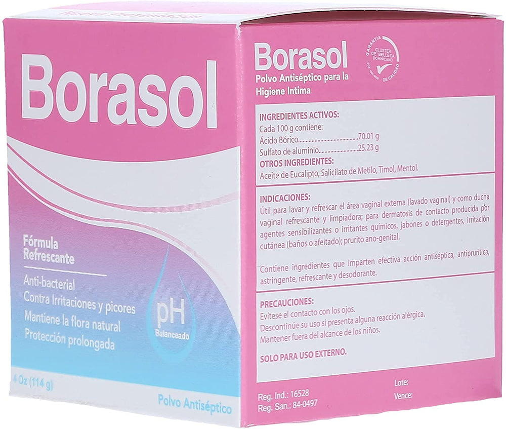 Borasol antiseptic powder refreshing deodorant for intimate hygiene, offering a fresh, comfortable feel.