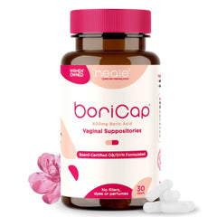 BoriCap boric acid suppositories pack shot for balanced vaginal health.
