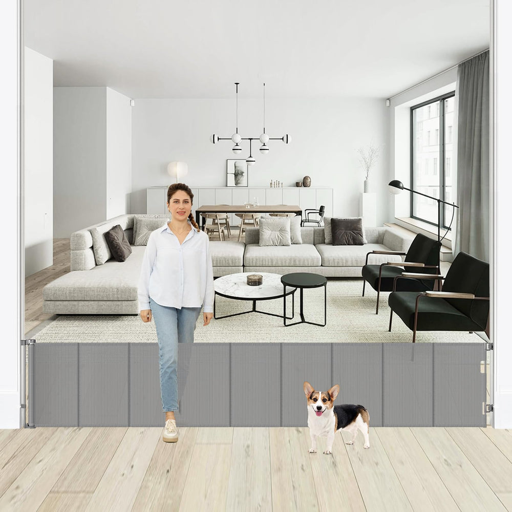 Borthmiu gray retractable dog gate, 24-inch tall, doorway barrier
