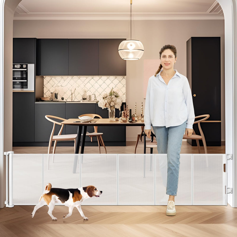 Borthmiu retractable dog gate stretched to 75 inches for wide openings, safe use
