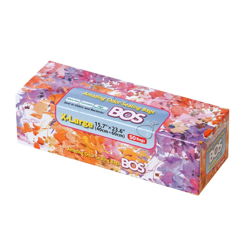 BOS odor-sealing bags in a dispenser box for easy access and odor control.