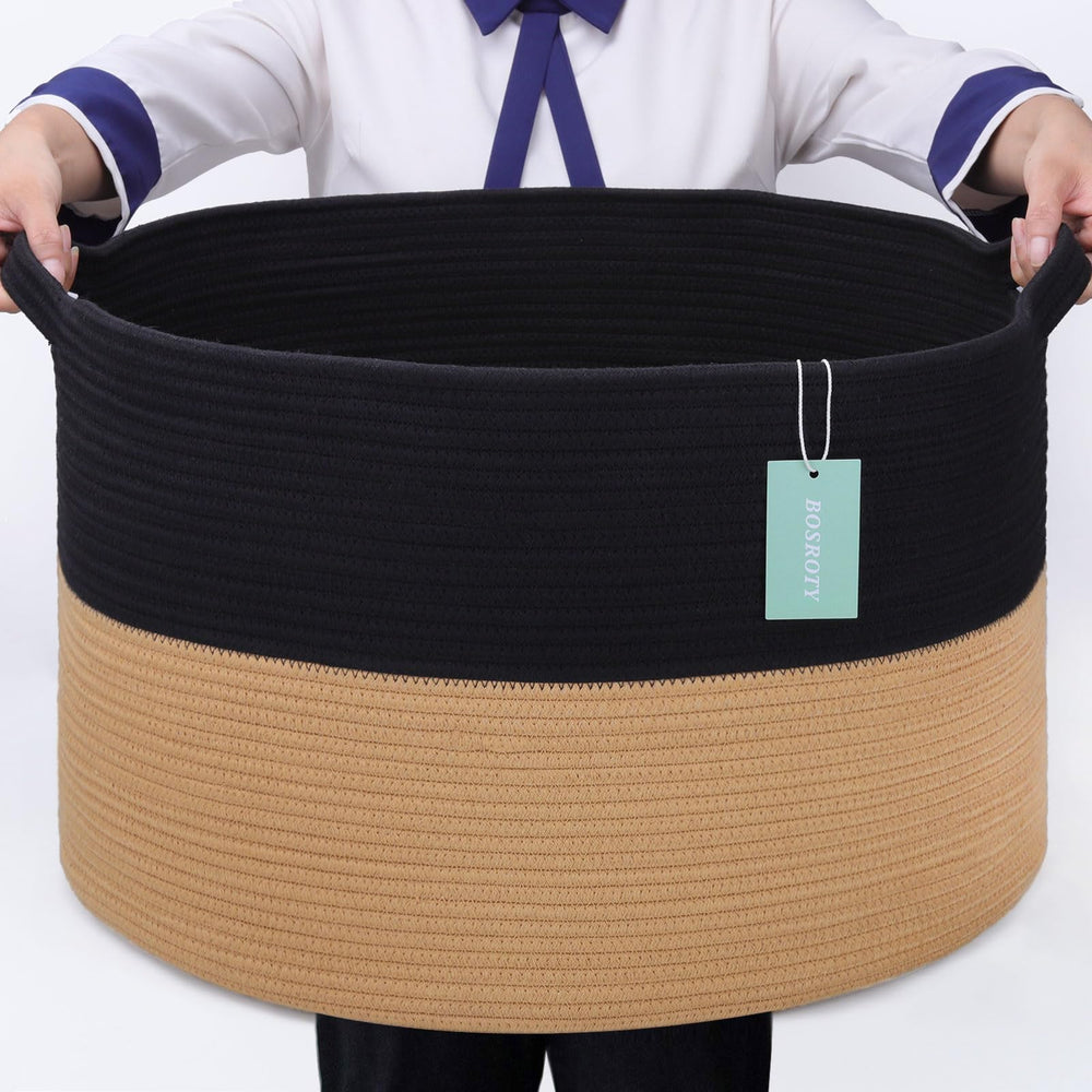 BOSROTY extra large blanket basket in black and jute for organized living room storage.