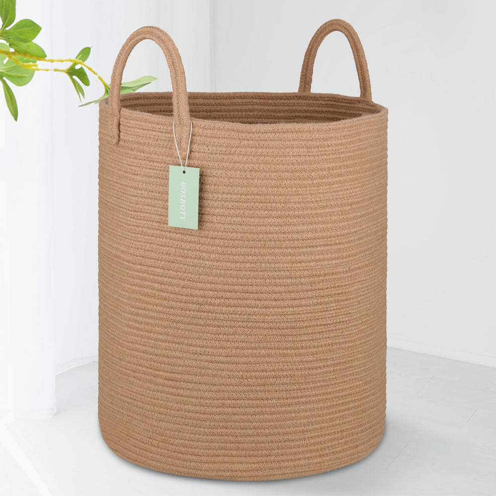 BOSROTY large jute laundry hamper 65L showing generous capacity for clothes