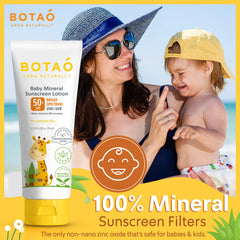Baby applying BOTAO sunscreen lotion to cheeks with caregiver assistance