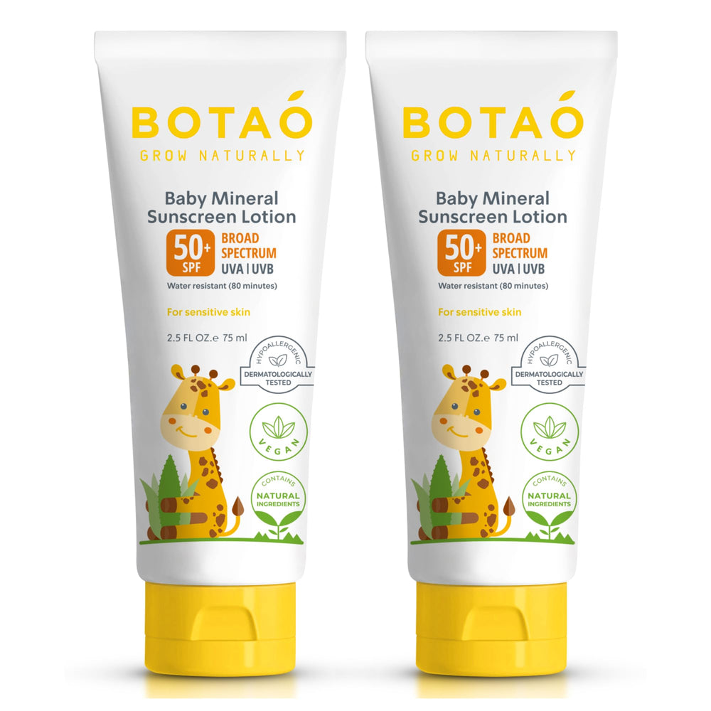 BOTAO Baby Mineral Sunscreen Lotion 2-pack on a soft surface, SPF50 for sensitive skin