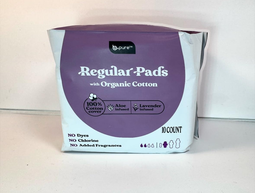 BPure packaging view shows Organic Cotton Regular Pads infused with Aloe Lavender for sensitive skin comfort.