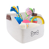 Brabtod dog toy basket with leather handles and spacious interior for toys.