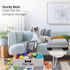 Sturdy canvas linen bin with reinforced seams supports daily dog toy storage.