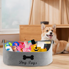 Brabtod woven dog toy baskets leather handles shown for easy transport around home
