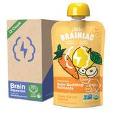 Brainiac Little pouch with apple-carrot-banana blend for toddler snacking.