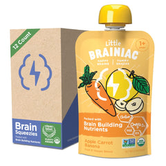 Brainiac Little pouch with apple-carrot-banana blend for toddler snacking.