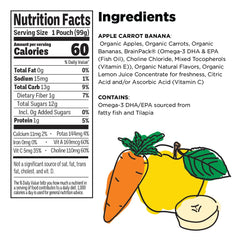 Brainiac pouch highlights omega-3 DHA/EPA and choline for brain-friendly nutrition.