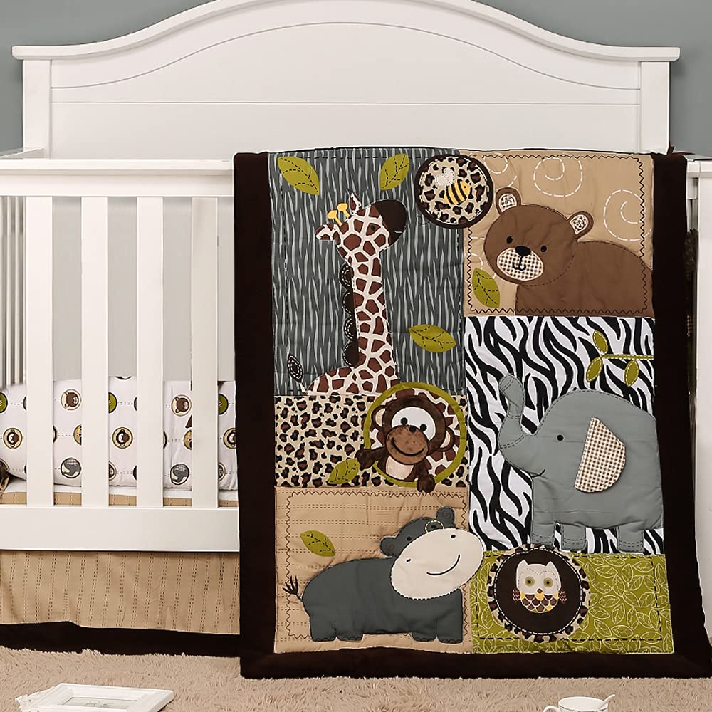 Brandream Jungle crib bedding ensemble in soft gray and taupe for a cozy nursery.