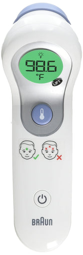 Braun No Touch Forehead Thermometer front view for quick family temperature checks.