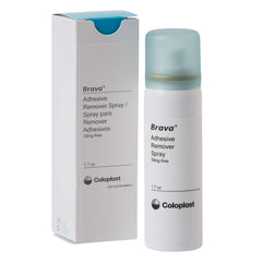 Brava Adhesive Remover spray bottle showing sting-free, quick-dry barrier removal capability.