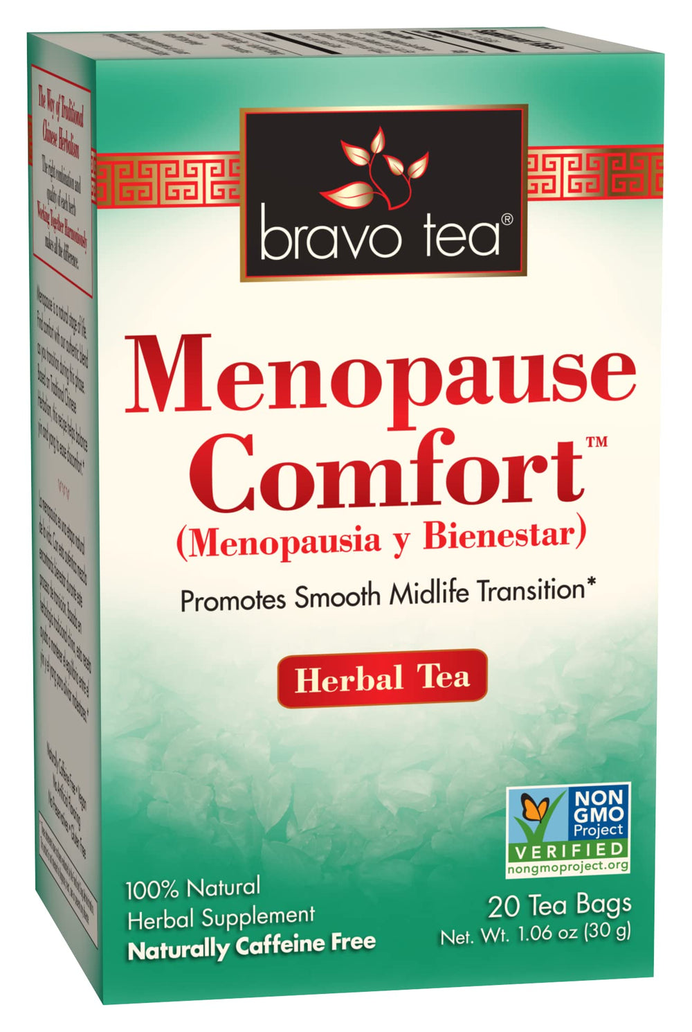 Bravo Tea Menopause Comfort tea bags with caffeine-free, gentle midlife support