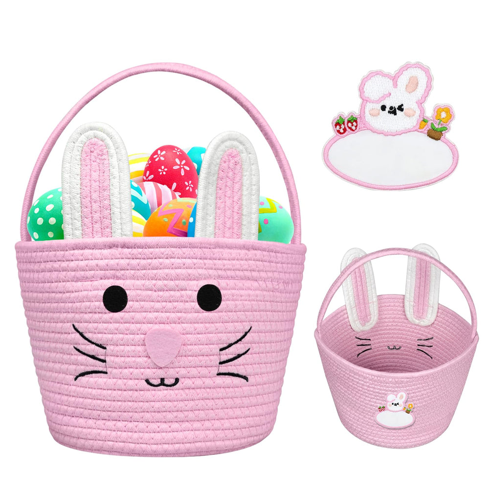 Brbecon Easter Bunny Basket pink front view for kids, soft woven texture for egg hunts