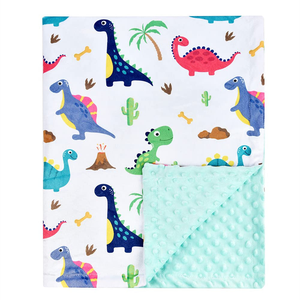 Brenaly super-soft minky blanket in blue rainbow with dotted backing keeps baby cozy and secure.