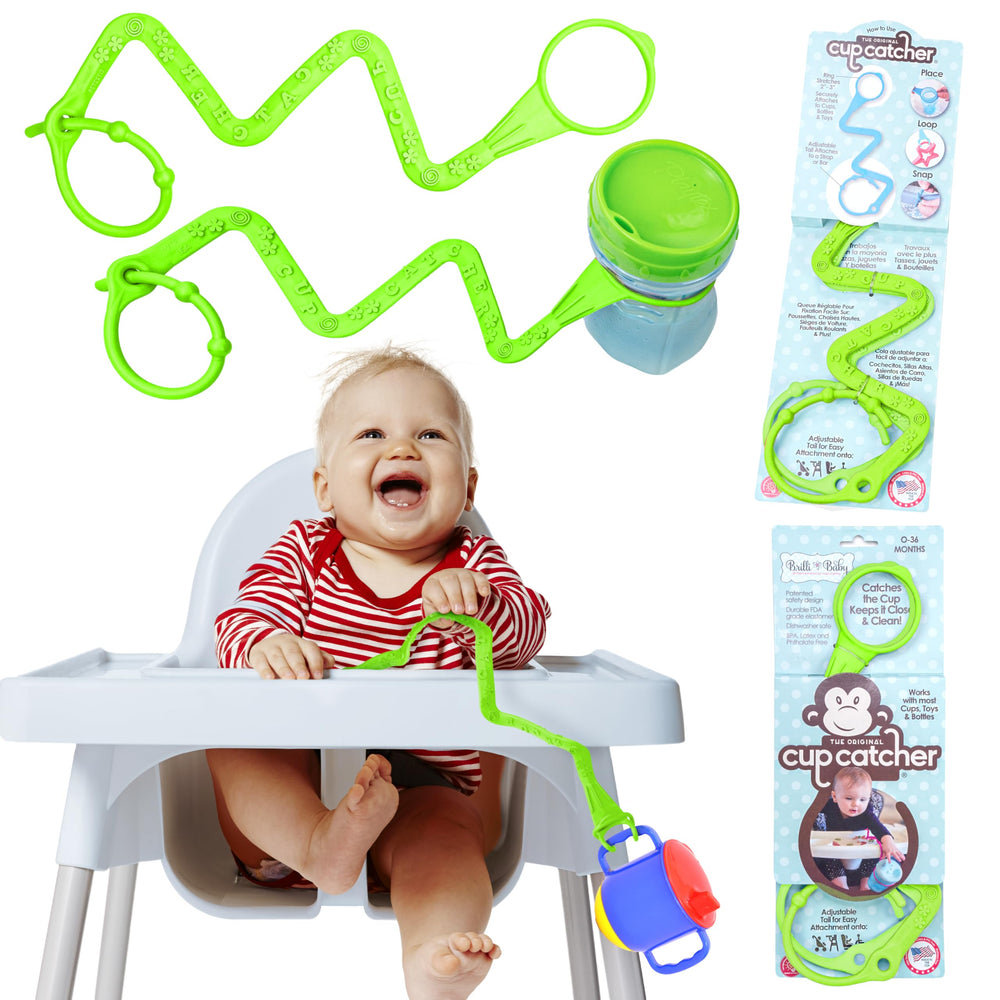 Brilli Baby Cup Catcher lime attaches to a stroller, keeping cups within reach and mess-free.