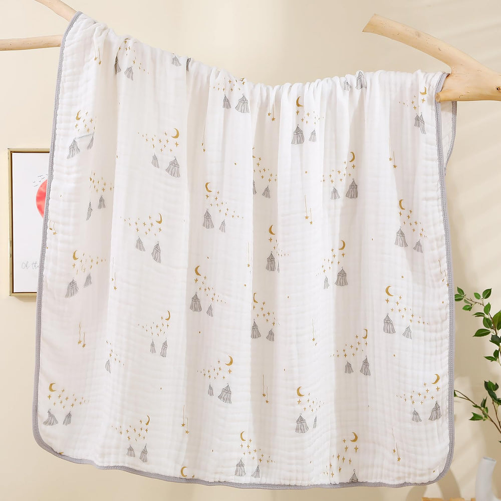 Brnabiou ultra-soft muslin blanket with moon-star motif, breathable and cozy for baby swaddling.
