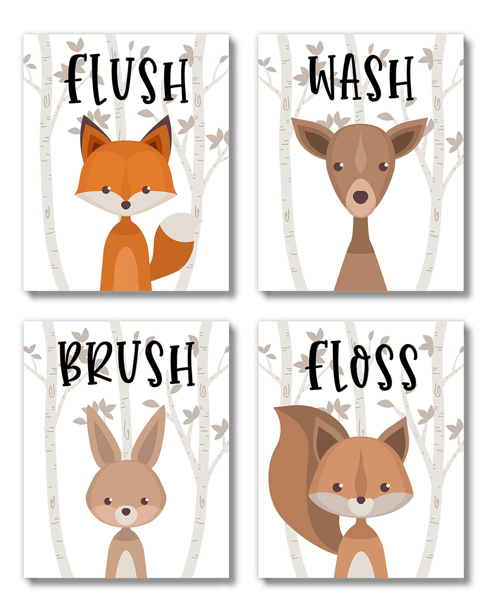 Brooke & Vine woodland animals quad prints for neutral nursery and classroom decor.