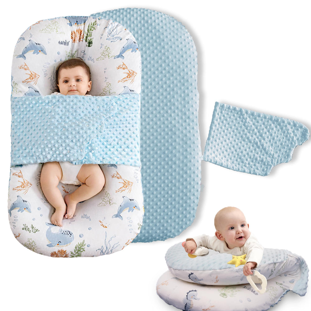 BRUNEES baby nest lounger blue front view, spacious for tummy time and lounging.