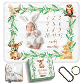 BRUNEI POREI woodland milestone blanket with forest animals for lasting baby photos.
