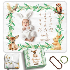 BRUNEI POREI woodland milestone blanket with forest animals for lasting baby photos.