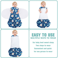 BSTOPPT sleep sack swaddle wings demonstrates three-way swaddle for flexible soothing.