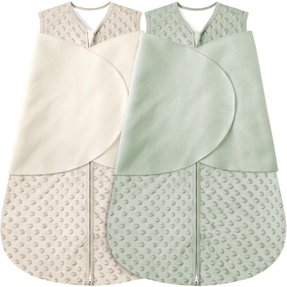 BSTOPT Newborn Sleep Sack in beige and grass green worn by baby for safe, cozy swaddling.