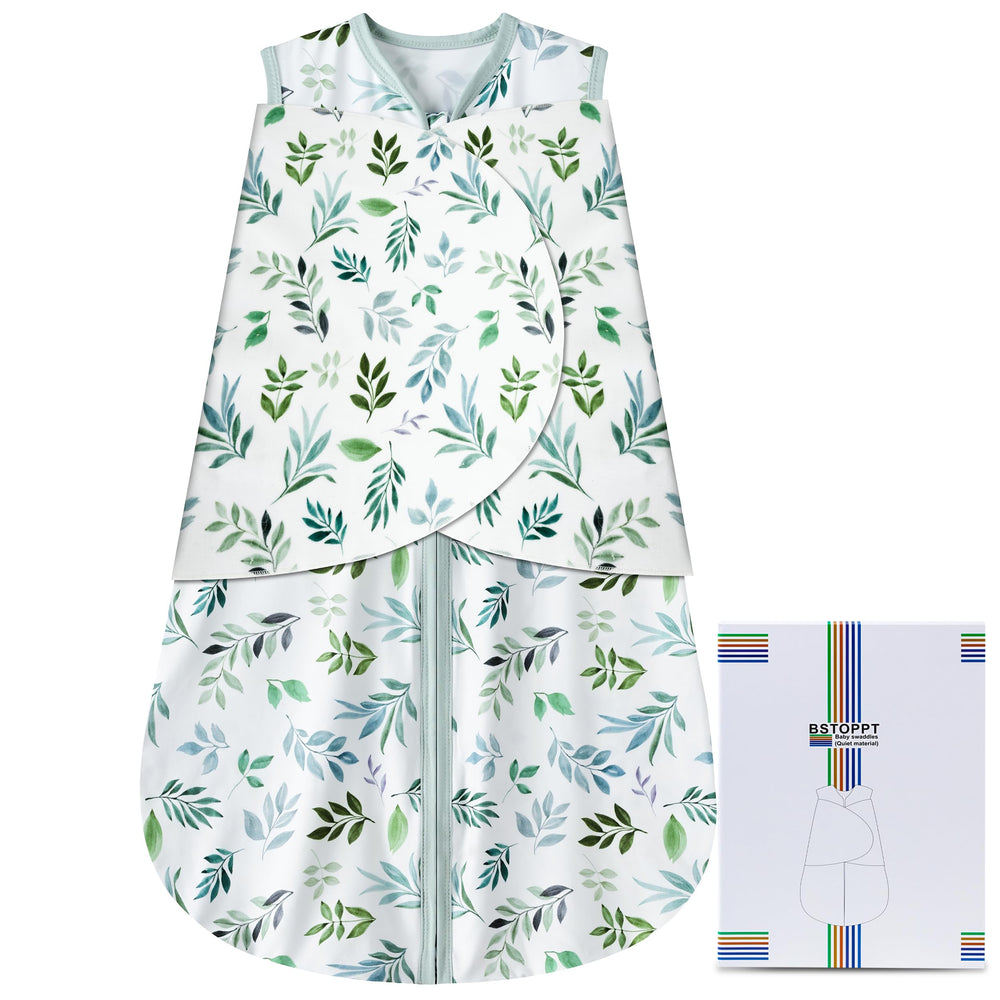 BSTOPPT newborn sleep sack leaf-pattern front view for a cozy, breathable crib.