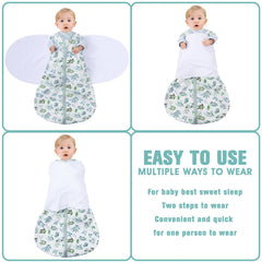BSTOPT three-way swaddle demonstrates arm-in, arm-out configurations for self-soothing.