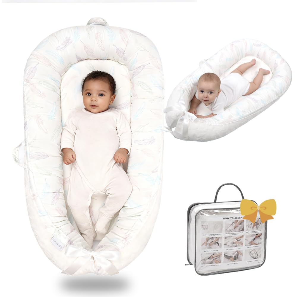 Bubbyhuts baby lounger with purple-feathers cover offers plush, breathable comfort.