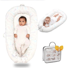 Bubbyhuts baby lounger with purple-feathers cover offers plush, breathable comfort.