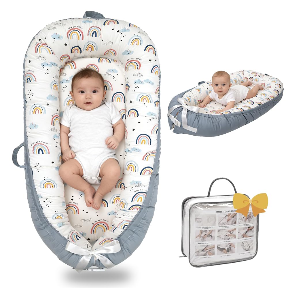 Bubbyhuts baby lounger in rainbow colors with soft organic cotton for daytime comfort.