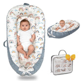 Bubbyhuts baby lounger in rainbow colors with soft organic cotton for daytime comfort.