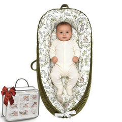 Bubbyhuts Green Rabbit baby lounger with breathable cotton for all-day comfort.