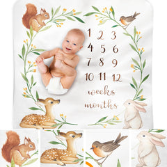 Bubzi Co monthly milestone blanket with woodland design for photo moments and growth memories