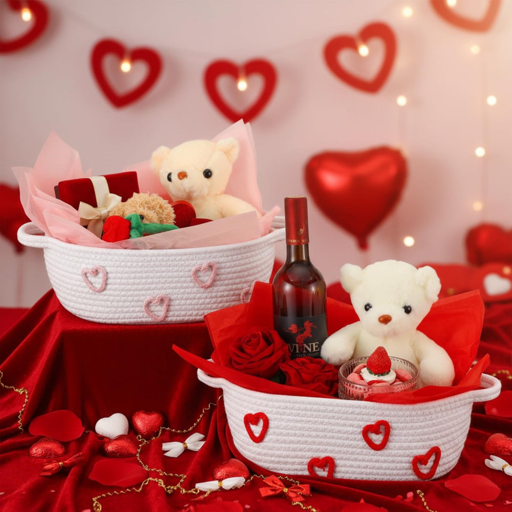 Bucherry valentines basket woven cotton rope, durable storage for gifts.