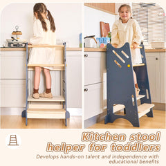 BUDDGO Toddler Standing Tower featuring a chalkboard encourages learning during prep.