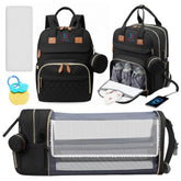 Buddy Bear diaper bag backpack changing station in use for on-the-go changes.