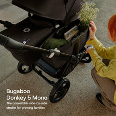 Bugaboo Donkey 5 Mono side view highlights side-by-side twins' close connection.