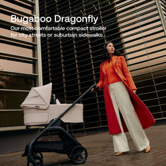 Bugaboo Dragonfly fold any-position demonstrates versatile storage in crowded urban environments.