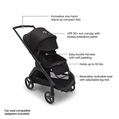Bugaboo Dragonfly seat mode with one-hand adjustments during smooth city strolls.