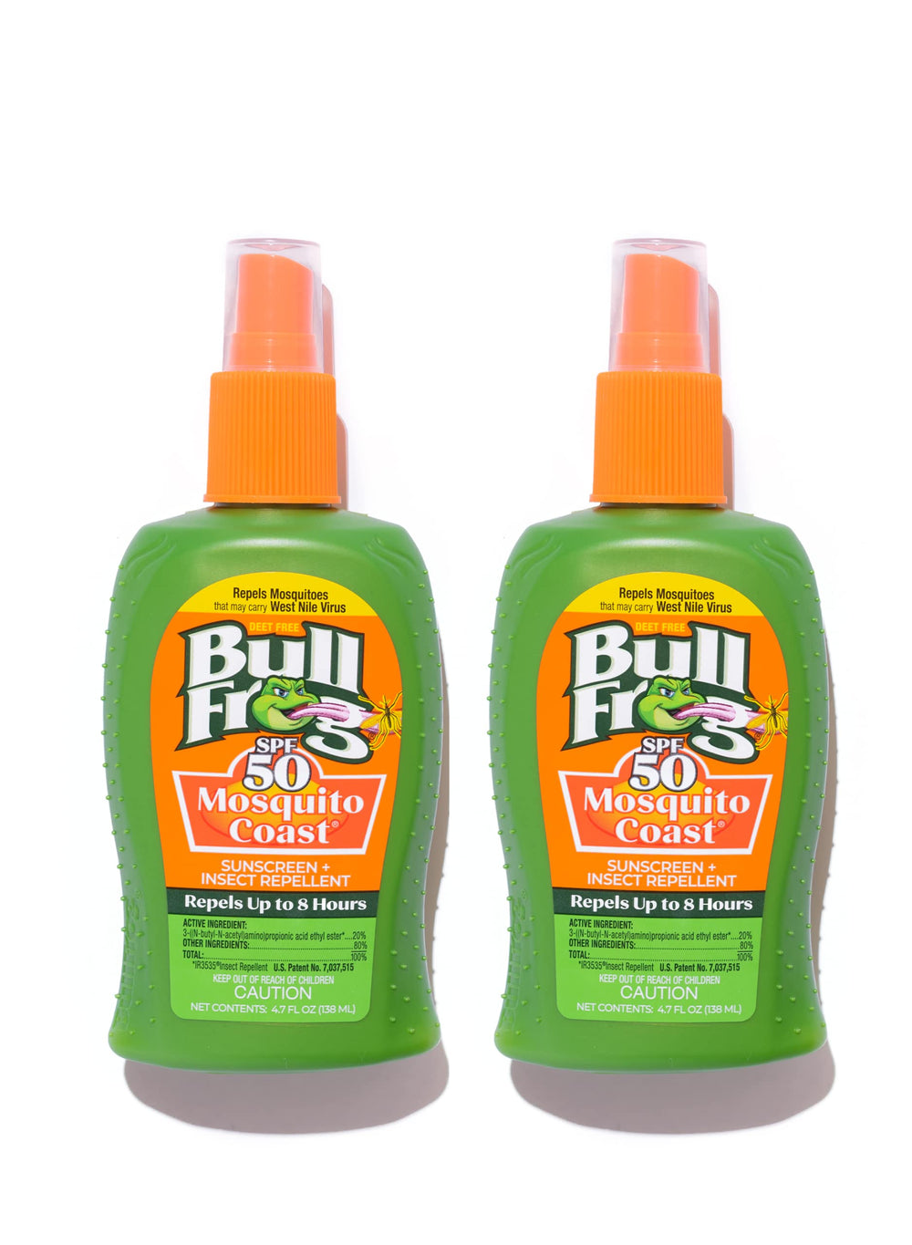 Bullfrog Mosquito Coast bottle front with SPF 50 sun and bug protection.